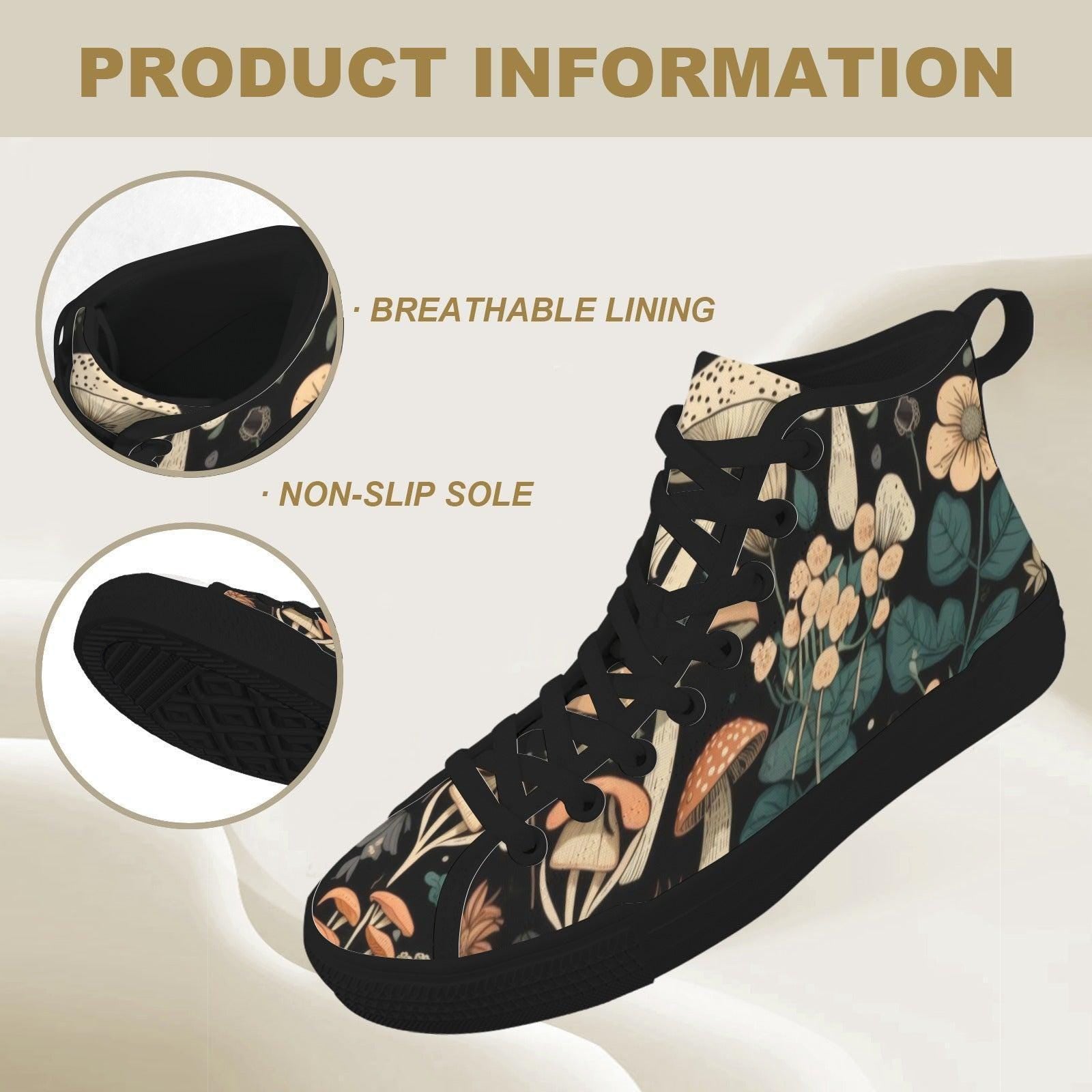 Mushroom High Tops, Black Botanical Floral Print Lace Up Sneakers