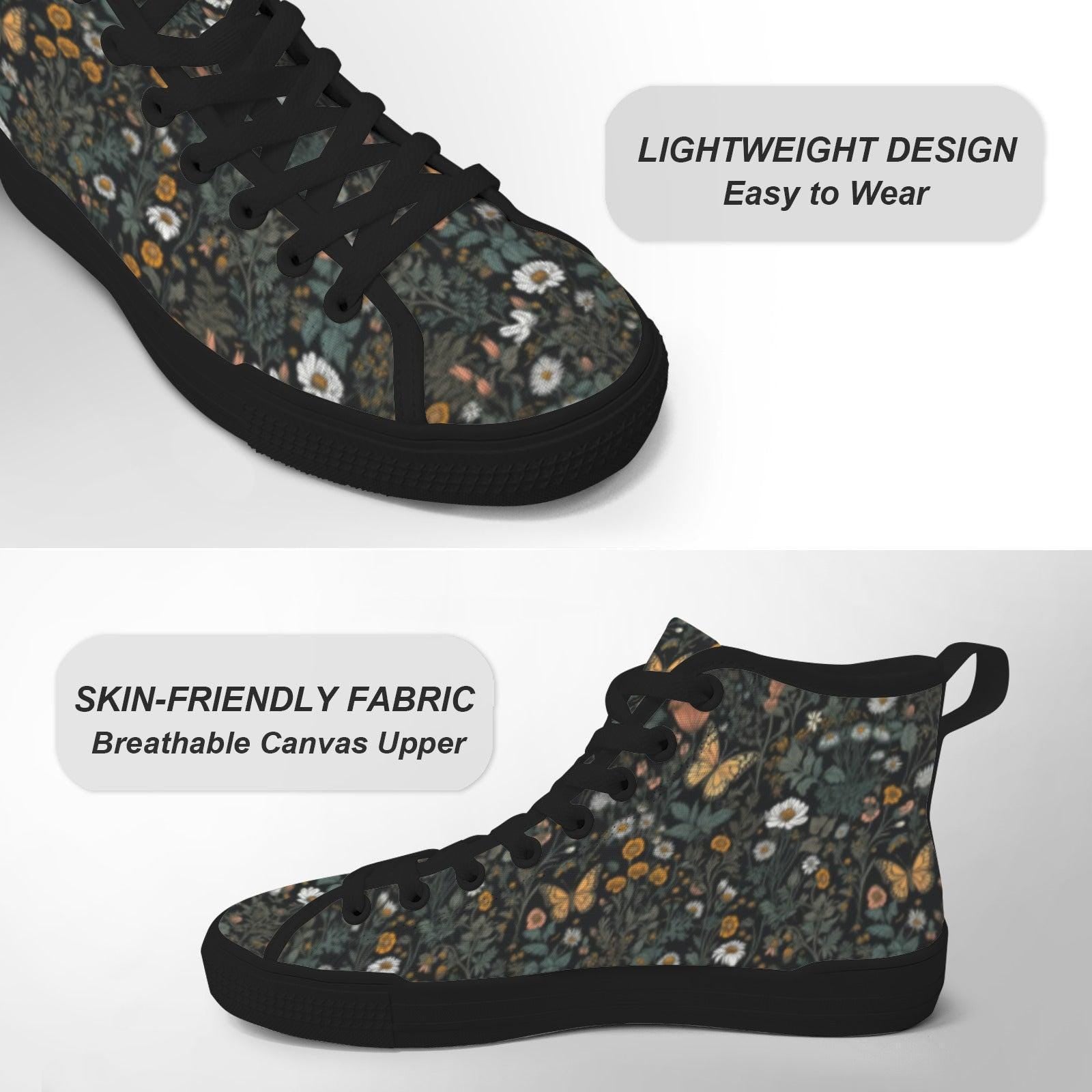 Dark Botanical Wildflower High Top Sneakers, Cottagecore Daisy Floral Canvas Shoes