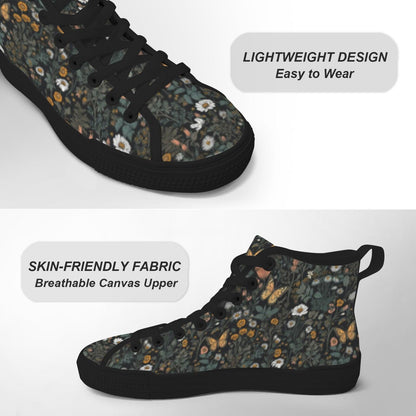 Dark Botanical Wildflower High Top Sneakers, Cottagecore Daisy Floral Canvas Shoes