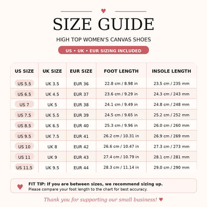 The image is a size guide for high top women's canvas shoes, providing sizes and corresponding foot lengths for various countries and shoe styles.