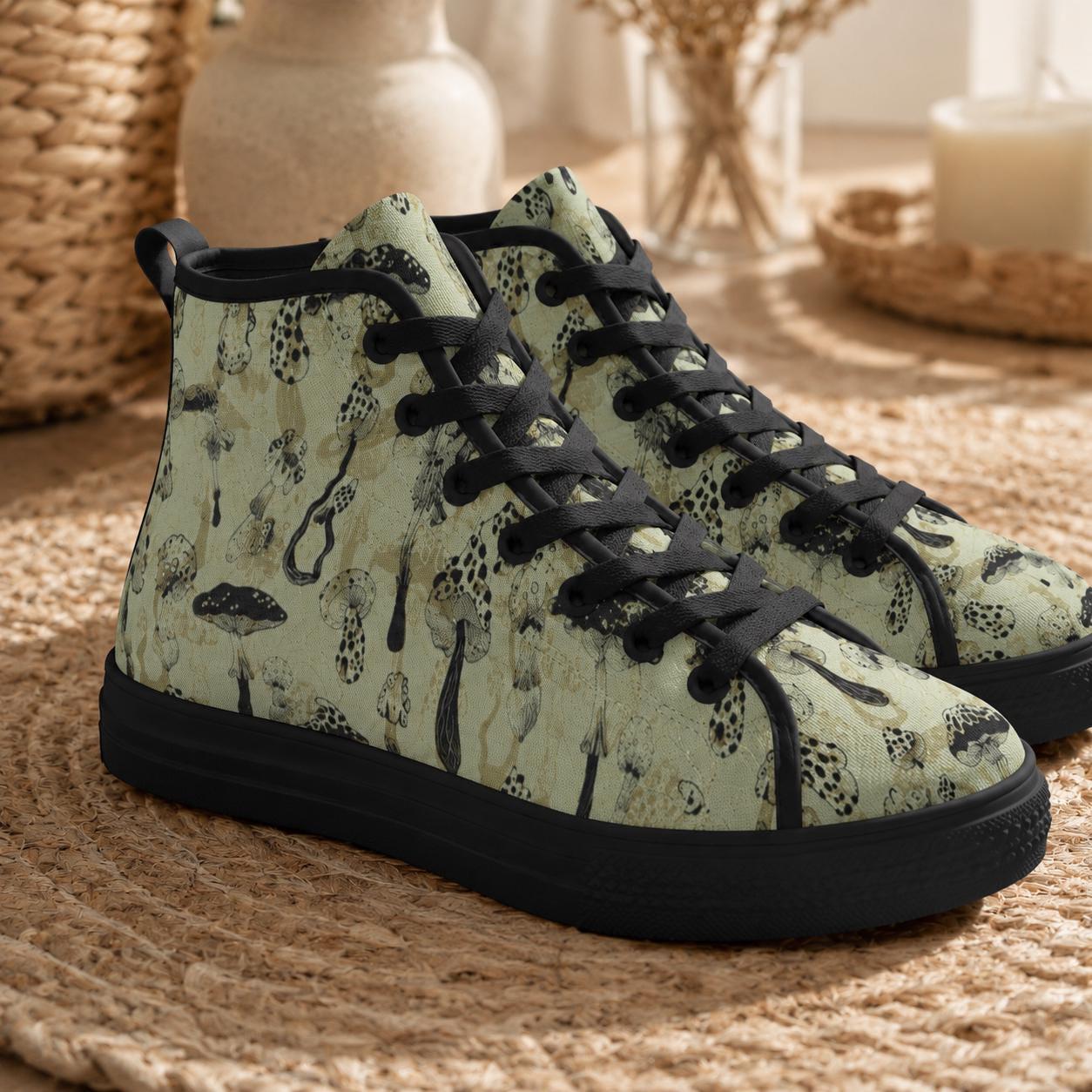 Mushroom Morel Snake Print High Top Sneakers, Sage Green Cottagecore Canvas Shoes