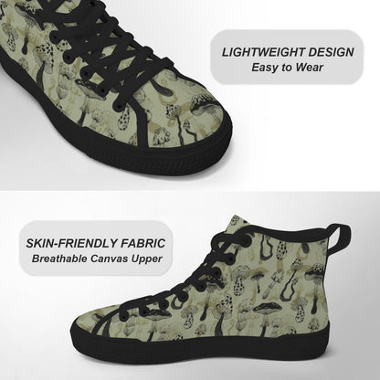 Mushroom Morel Snake Print High Top Sneakers, Sage Green Cottagecore Canvas Shoes