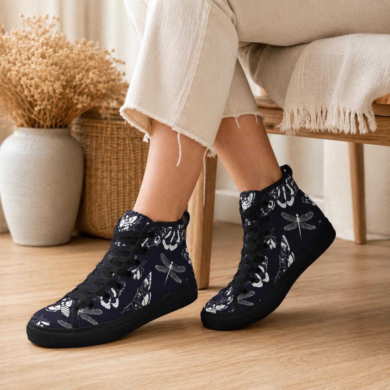 Moth Dragonfly Print High Top Sneakers, Navy Blue Canvas Shoes, Dark Academia Style