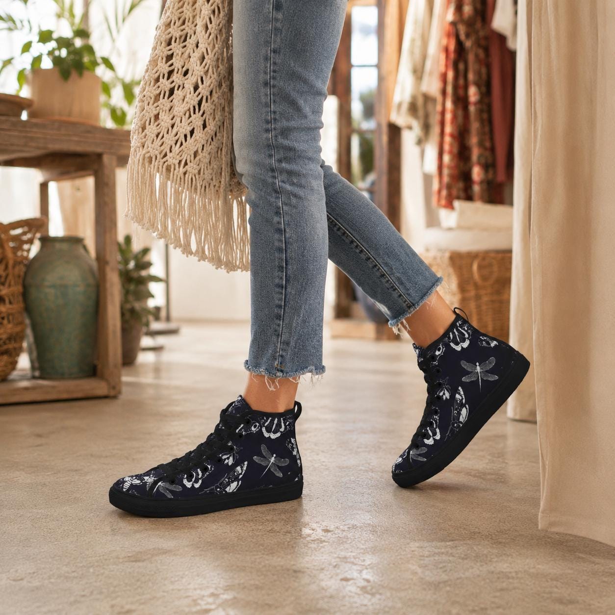 Moth Dragonfly Print High Top Sneakers, Navy Blue Canvas Shoes, Dark Academia Style