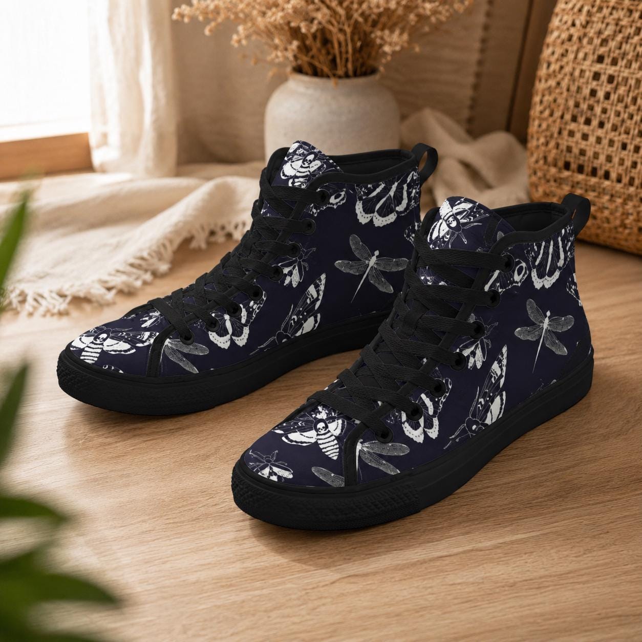 Moth Dragonfly Print High Top Sneakers, Navy Blue Canvas Shoes, Dark Academia Style