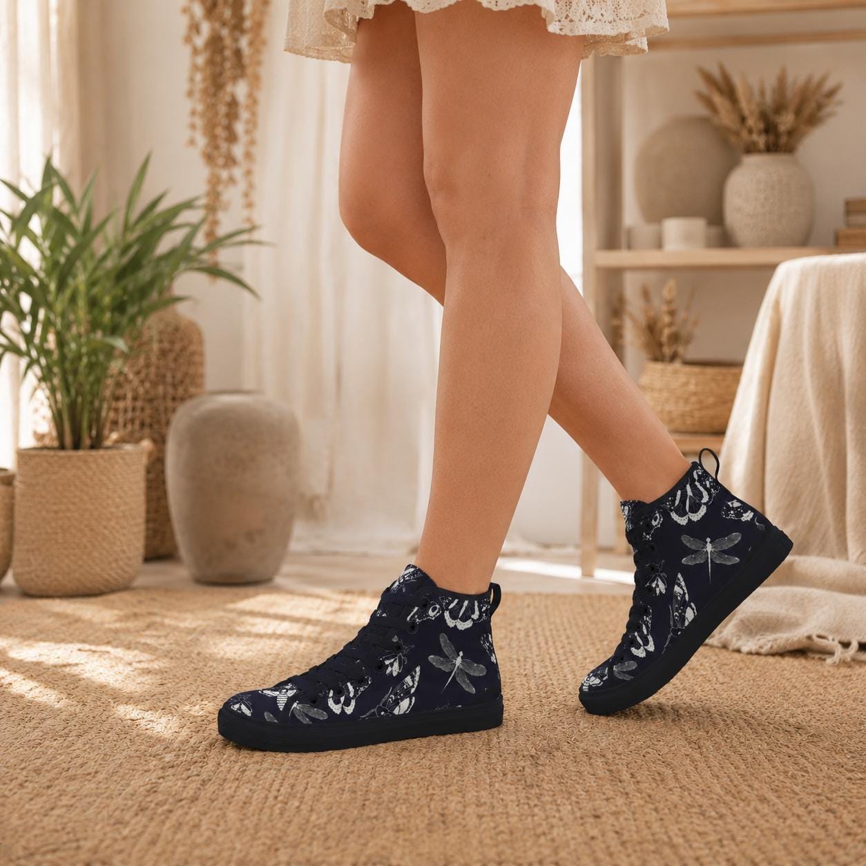 Moth Dragonfly Print High Top Sneakers, Navy Blue Canvas Shoes, Dark Academia Style