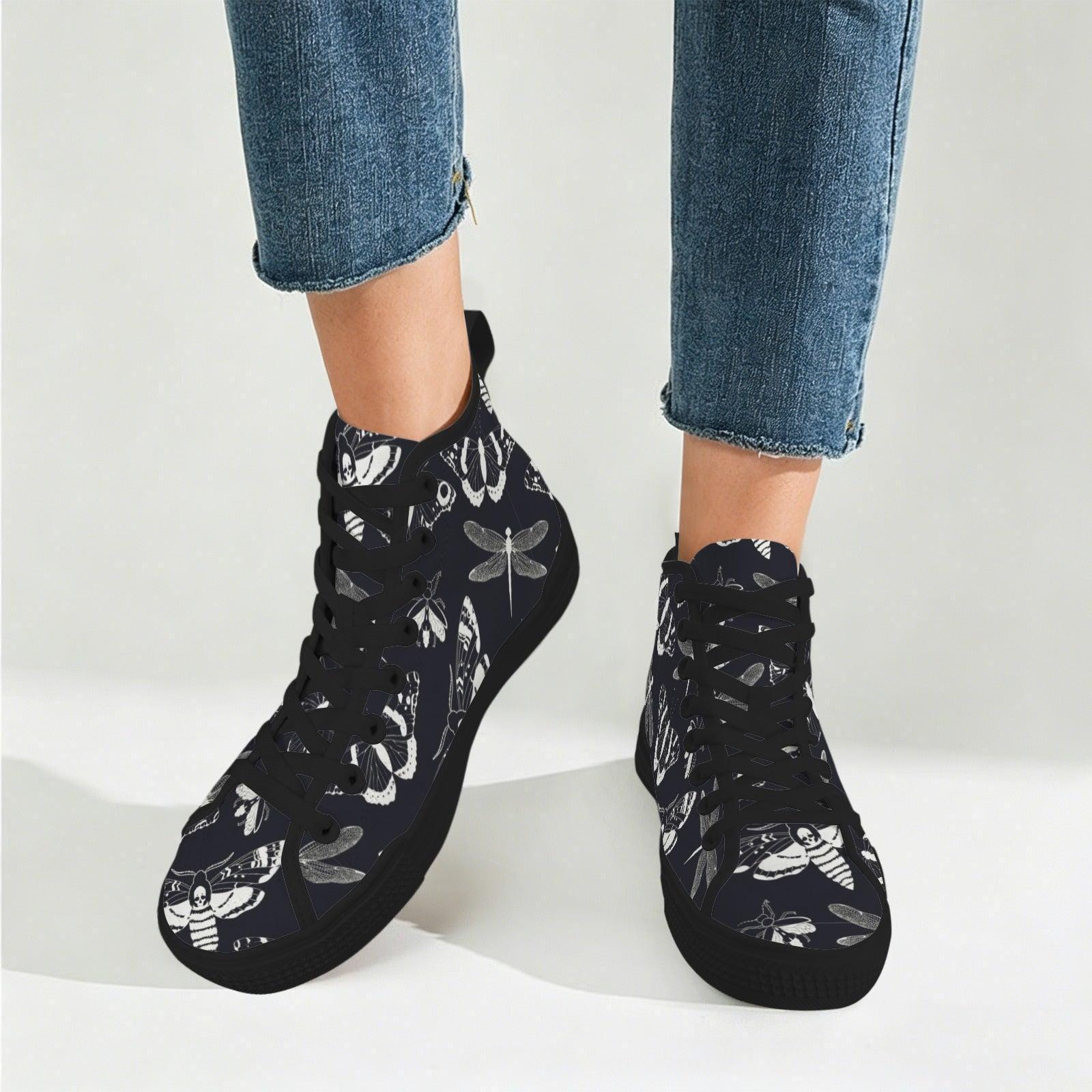 Moth Dragonfly Print High Top Sneakers, Navy Blue Canvas Shoes, Dark Academia Style