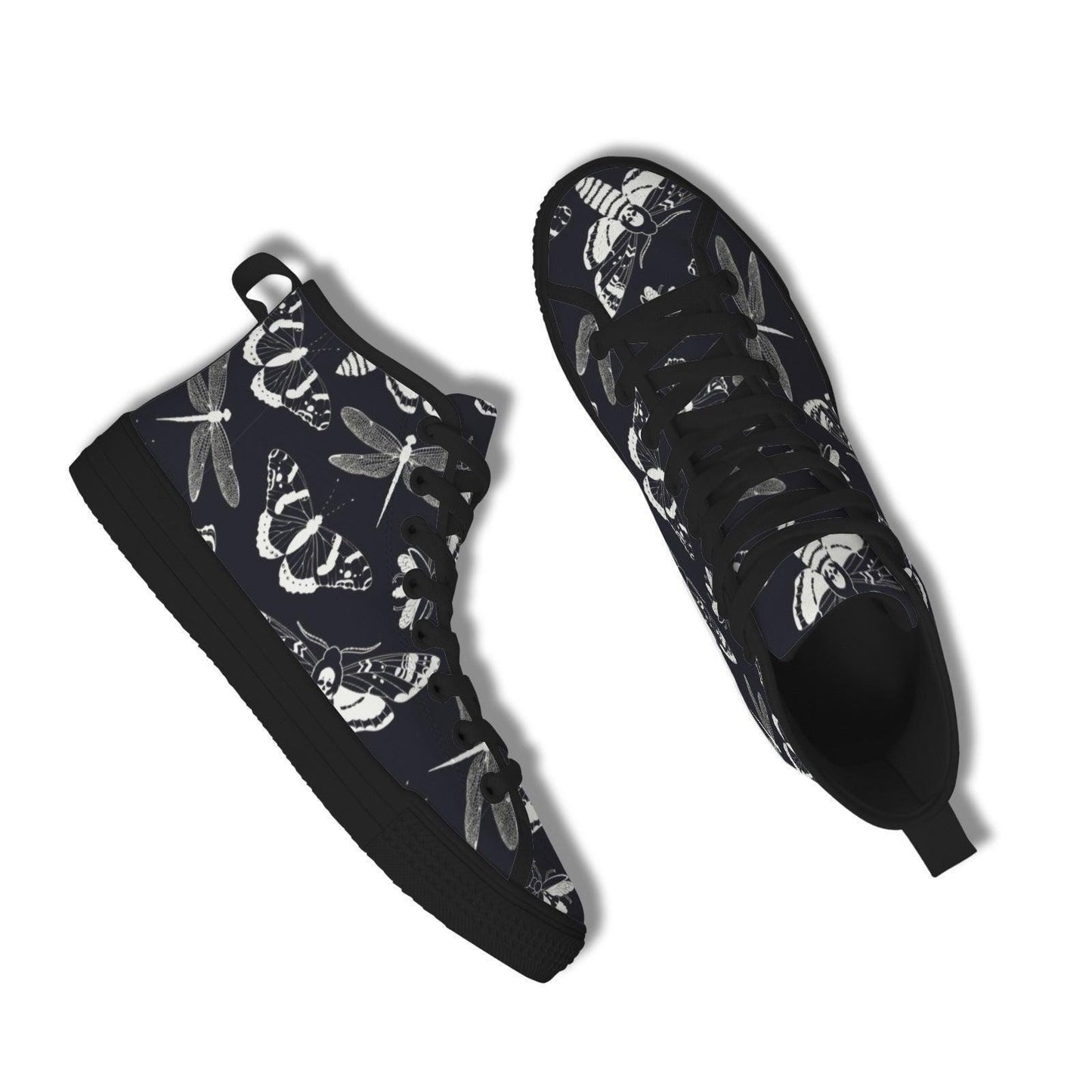 Moth Dragonfly Print High Top Sneakers, Navy Blue Canvas Shoes, Dark Academia Style