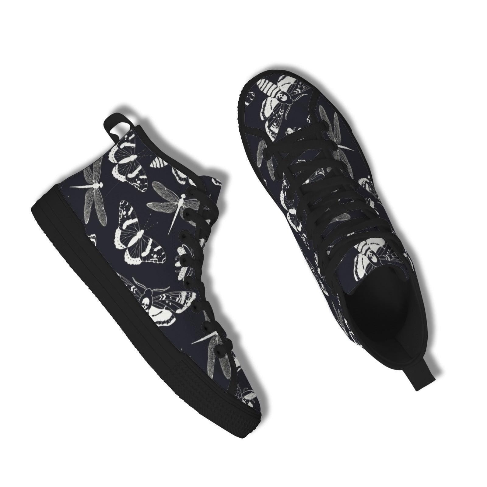 Moth Dragonfly Print High Top Sneakers, Navy Blue Canvas Shoes, Dark Academia Style