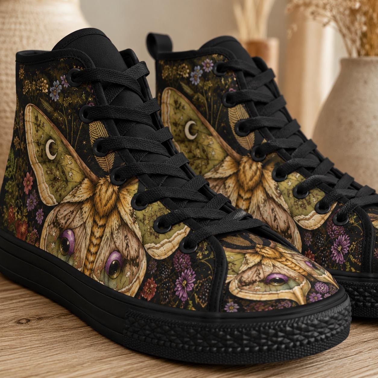 Luna Moth High Tops, Dark Floral Garden Print Sneakers, Witchy Cottagecore Shoes