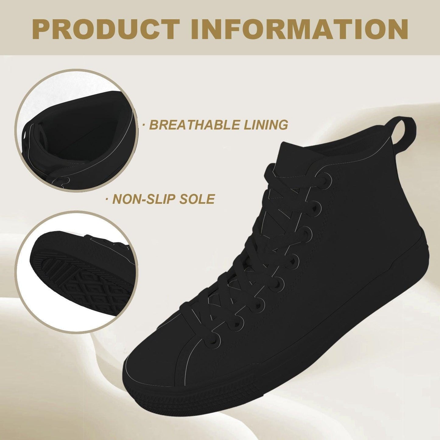 All Black Canvas High Top Sneakers, Minimalist Lace Up Trainers, Everyday Goth Shoes