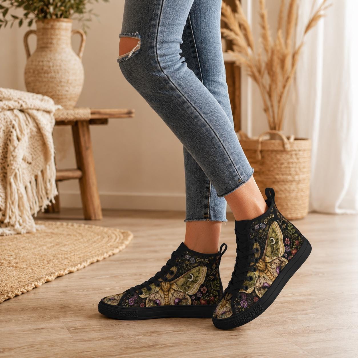 Luna Moth High Tops, Dark Floral Garden Print Sneakers, Witchy Cottagecore Shoes