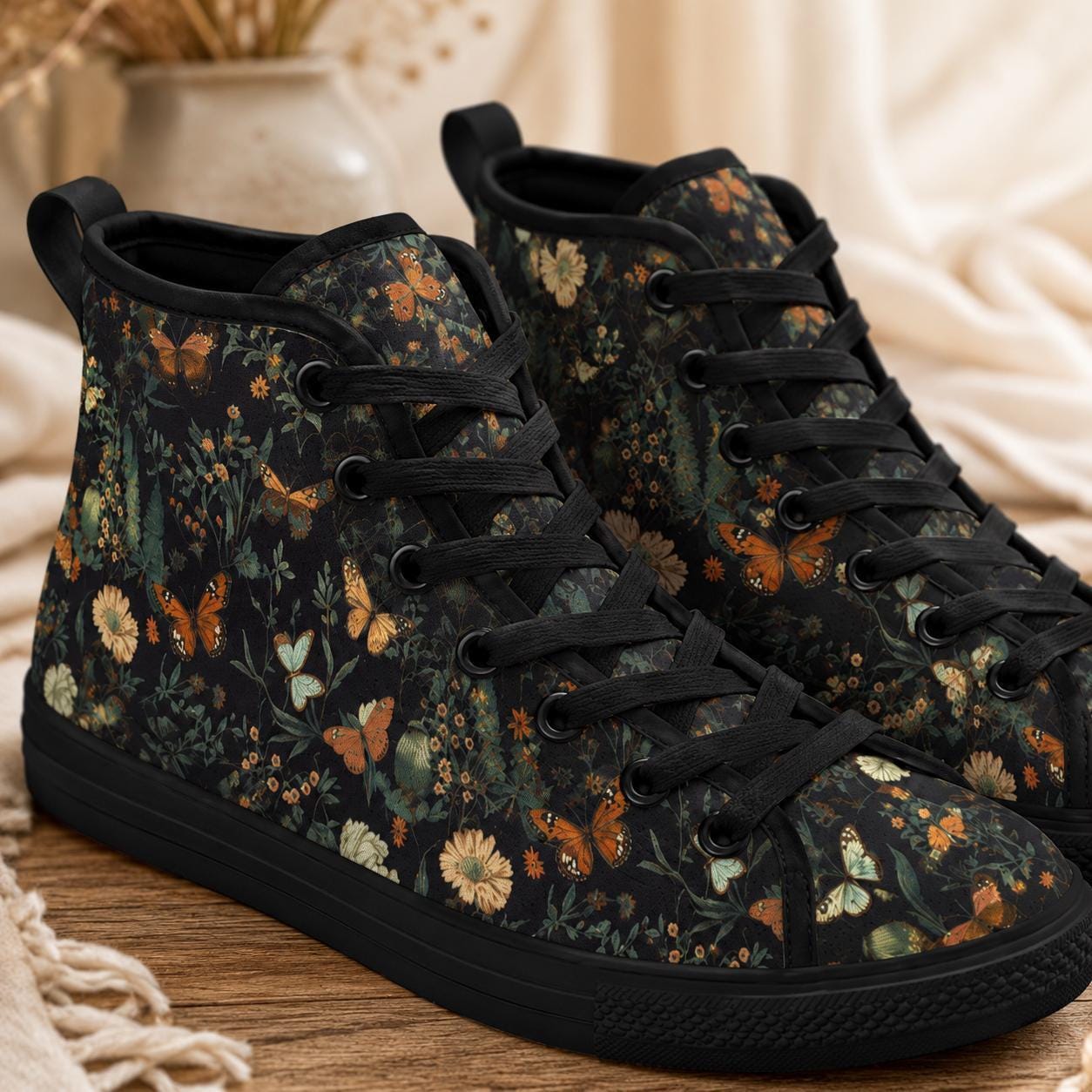 Black Meadow Butterfly High Tops, Cottagecore Floral Lace Up Sneakers