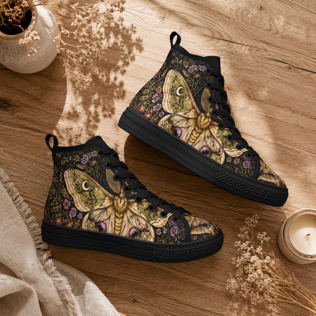 Luna Moth High Tops, Dark Floral Garden Print Sneakers, Witchy Cottagecore Shoes