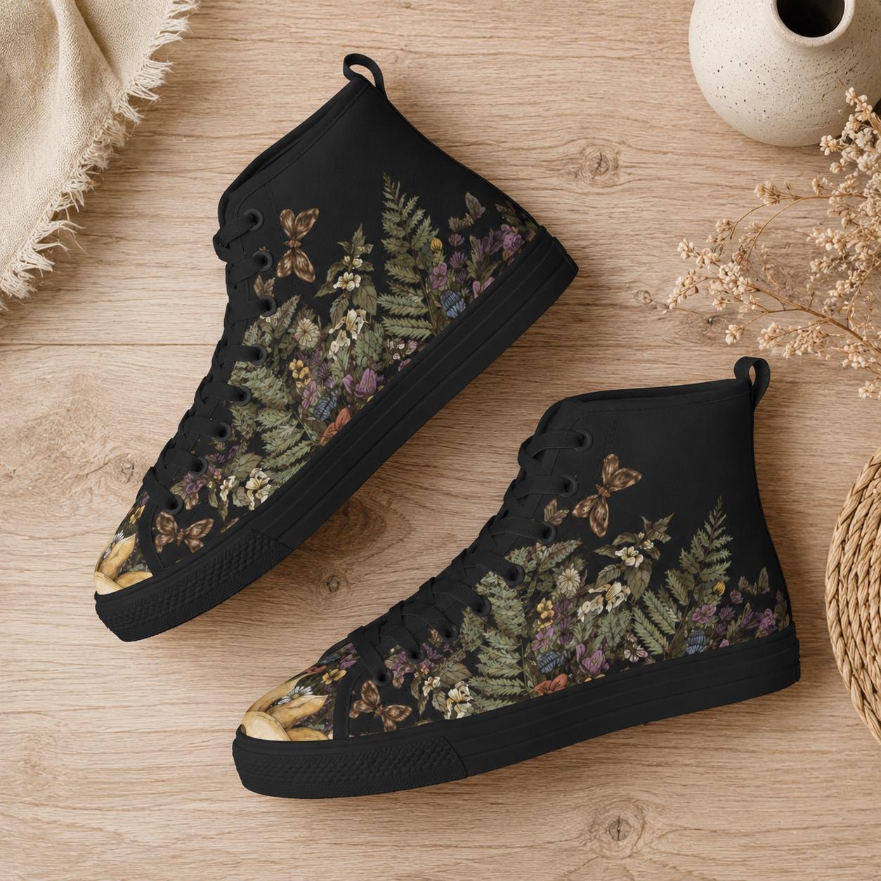 Woodland High Top Sneakers, Botanical Fern Butterfly Print Lace Up Shoes