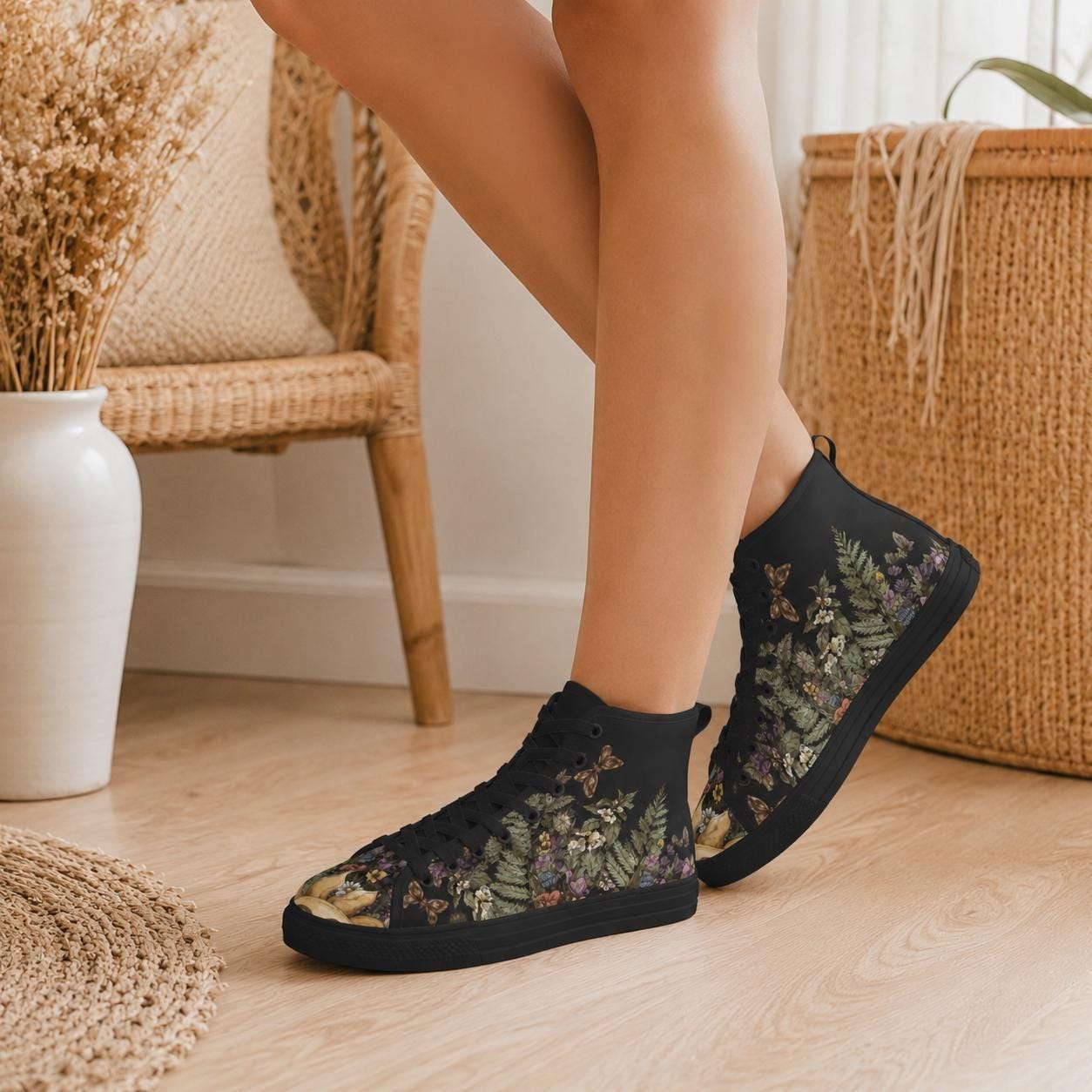 Woodland High Top Sneakers, Botanical Fern Butterfly Print Lace Up Shoes
