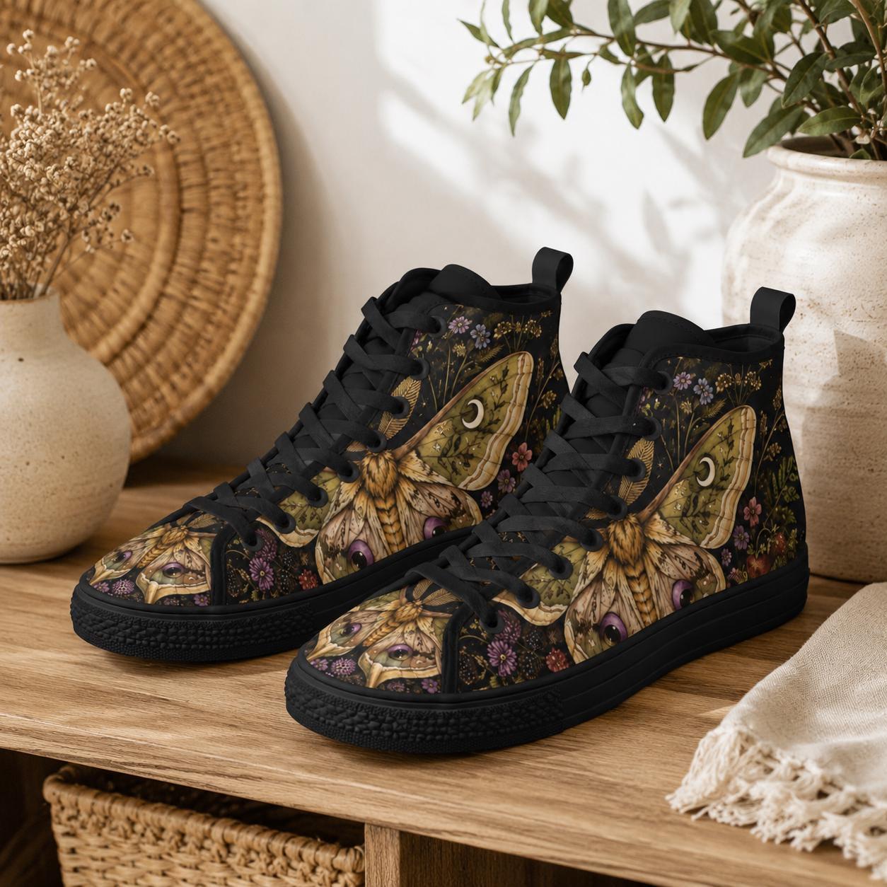 Luna Moth High Tops, Dark Floral Garden Print Sneakers, Witchy Cottagecore Shoes
