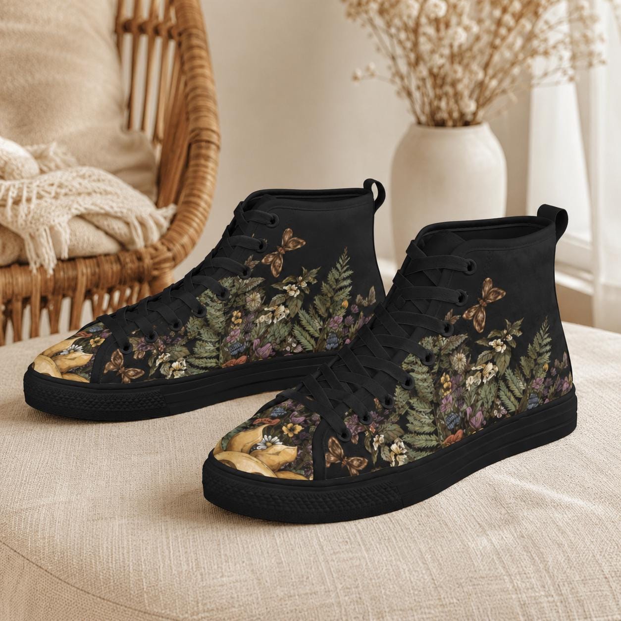 Woodland High Top Sneakers, Botanical Fern Butterfly Print Lace Up Shoes