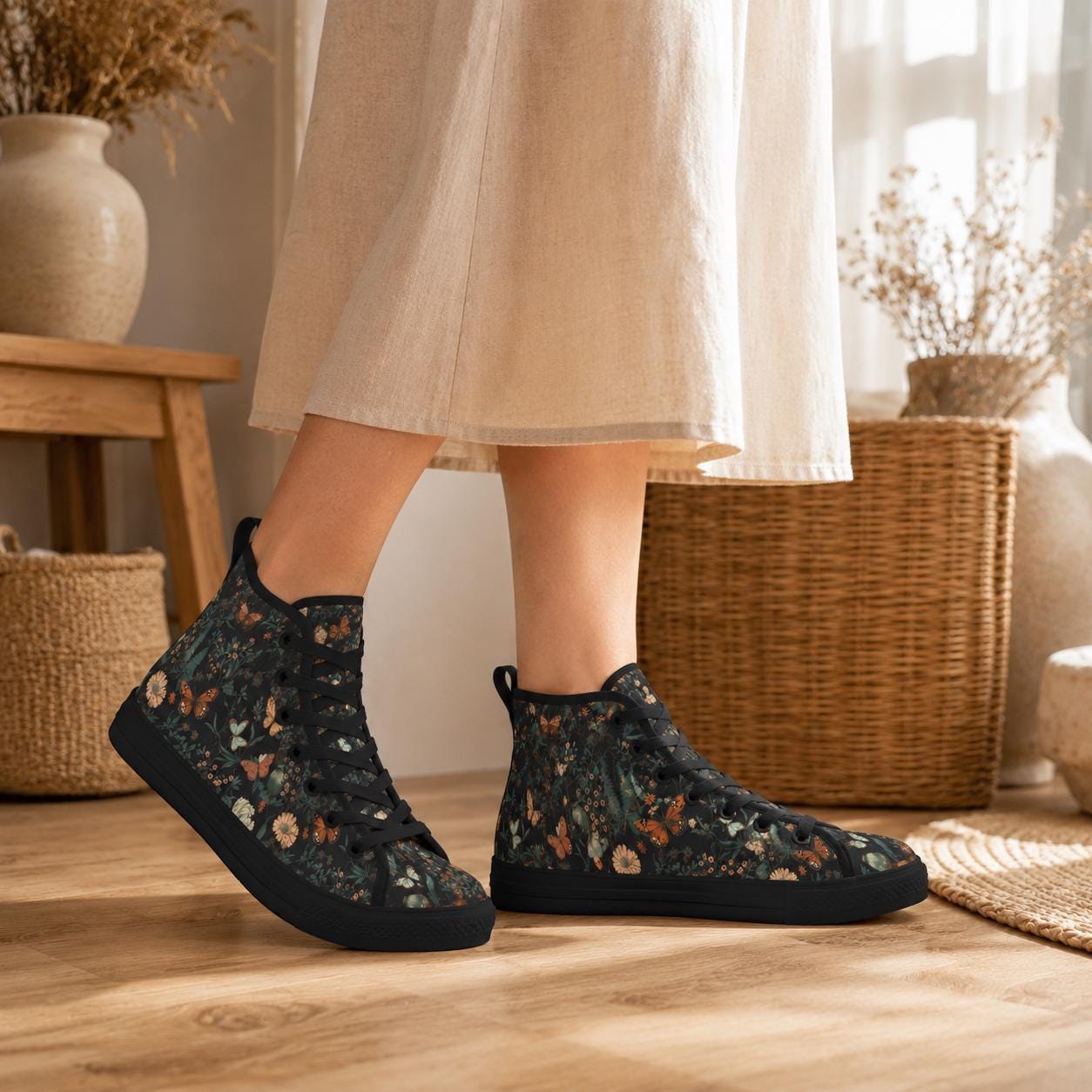 Black Meadow Butterfly High Tops, Cottagecore Floral Lace Up Sneakers