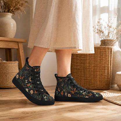 Black Meadow Butterfly High Tops, Cottagecore Floral Lace Up Sneakers