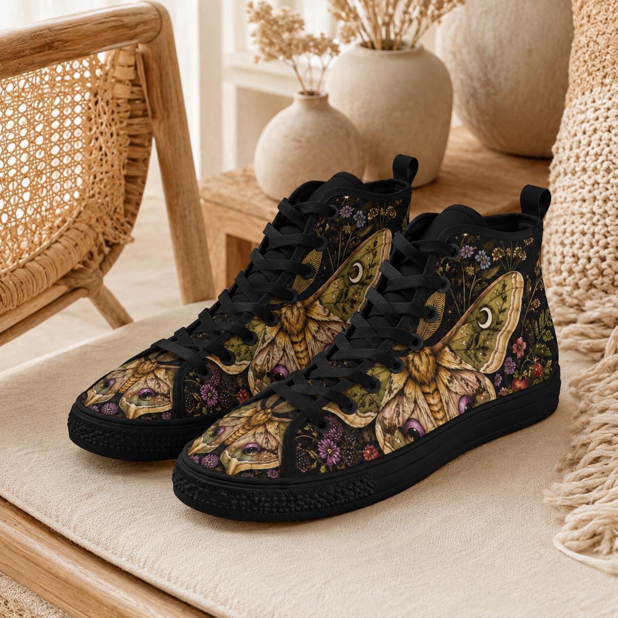 Luna Moth High Tops, Dark Floral Garden Print Sneakers, Witchy Cottagecore Shoes