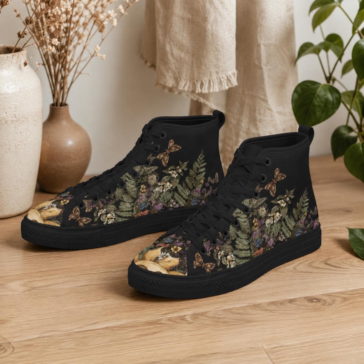 Woodland High Top Sneakers, Botanical Fern Butterfly Print Lace Up Shoes