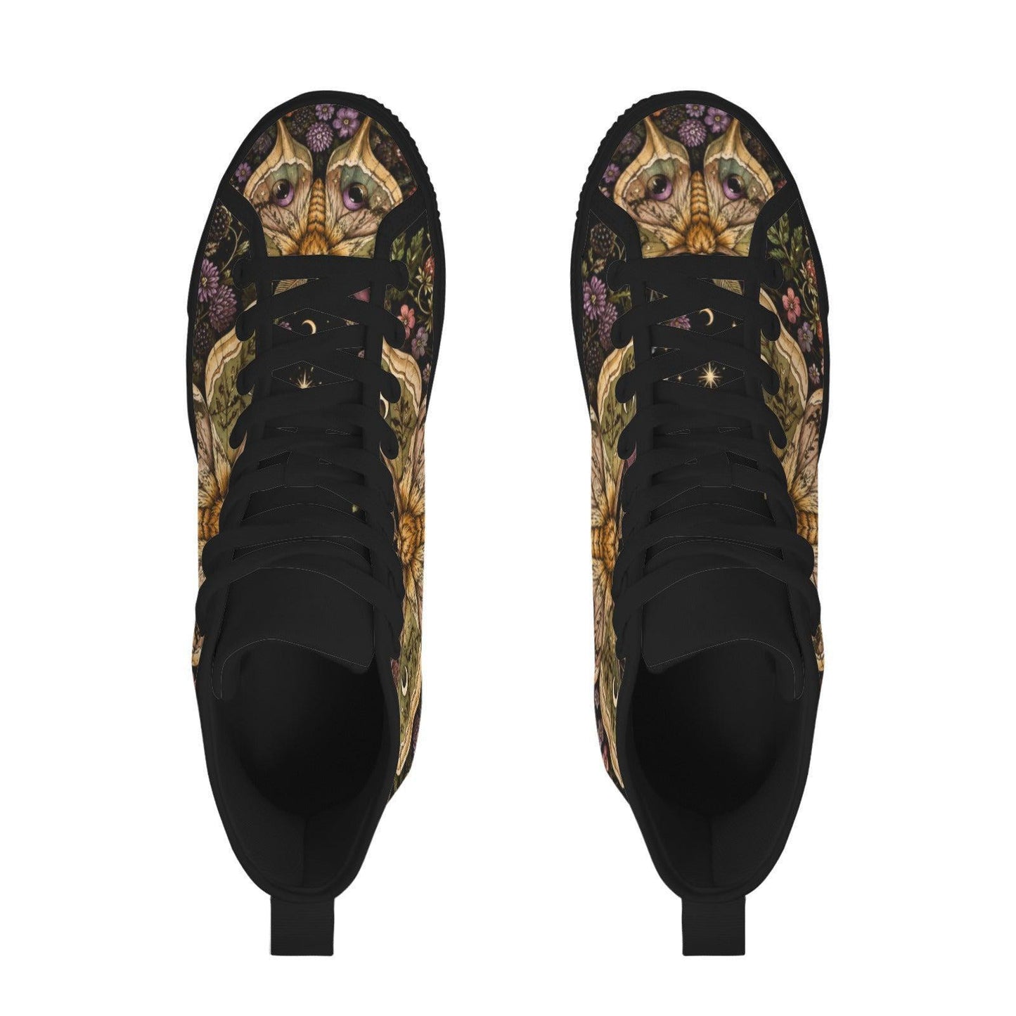 Luna Moth High Tops, Dark Floral Garden Print Sneakers, Witchy Cottagecore Shoes