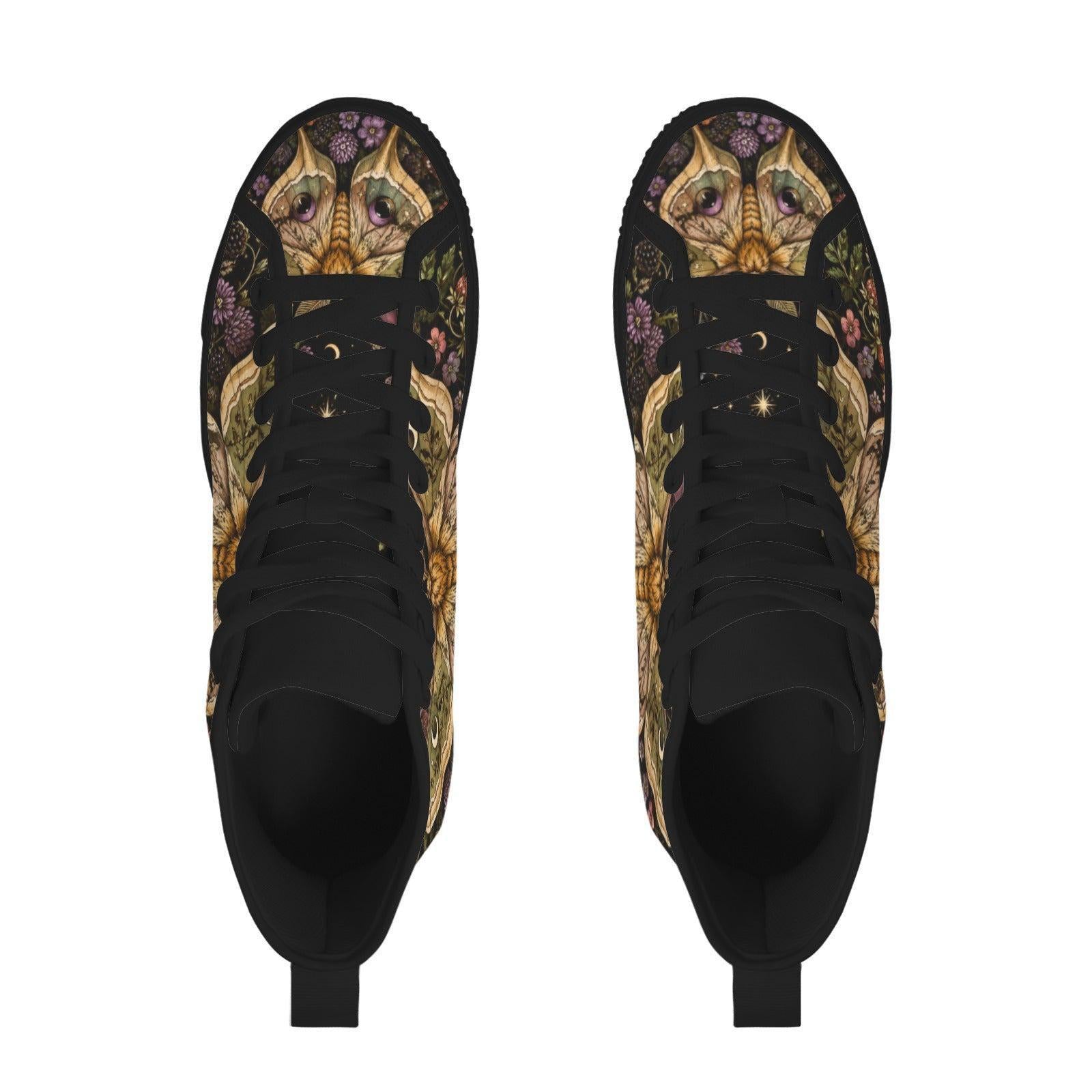 Luna Moth High Tops, Dark Floral Garden Print Sneakers, Witchy Cottagecore Shoes