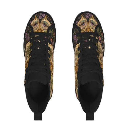 Luna Moth High Tops, Dark Floral Garden Print Sneakers, Witchy Cottagecore Shoes