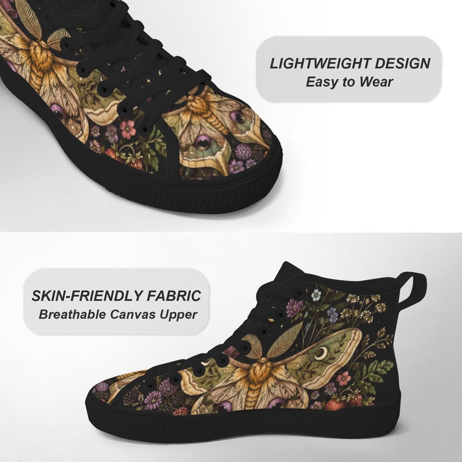 Luna Moth High Tops, Dark Floral Garden Print Sneakers, Witchy Cottagecore Shoes