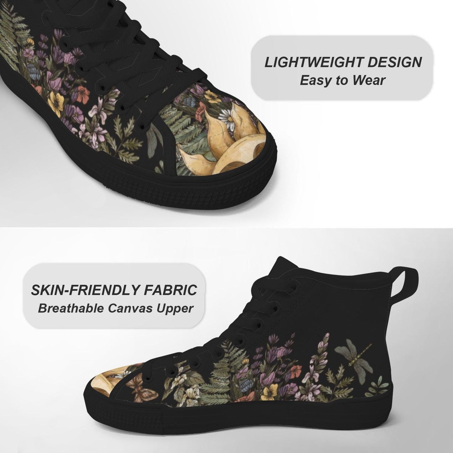 Woodland High Top Sneakers, Botanical Fern Butterfly Print Lace Up Shoes