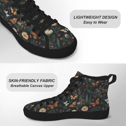 Black Meadow Butterfly High Tops, Cottagecore Floral Lace Up Sneakers