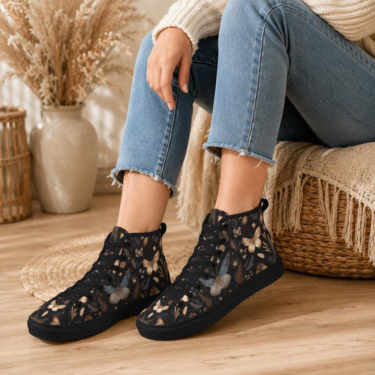 Botanical Butterfly High Top Canvas Shoes, Whimsigoth Lace Up Sneakers