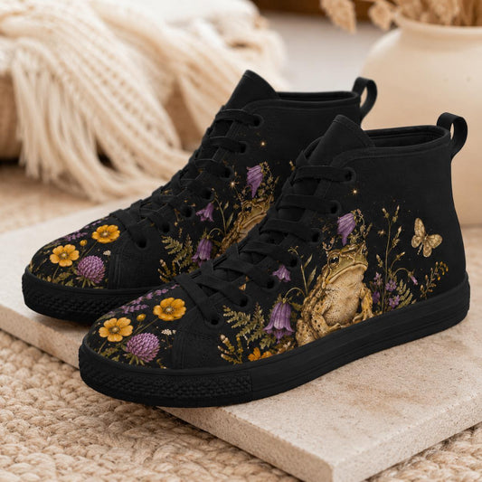 Frog Cottagecore High Top Sneakers, Frog and Floral Botanical Print Canvas Shoes