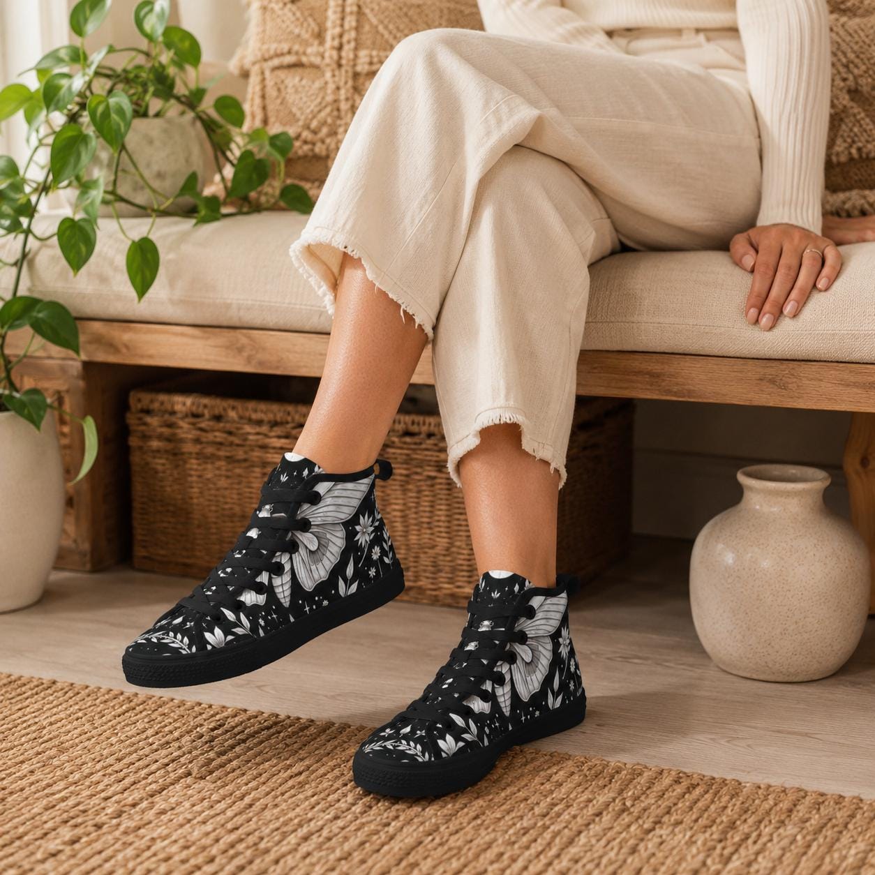 Moth Print High Top Canvas Shoes, Black Botanical Floral Lace Up Sneakers