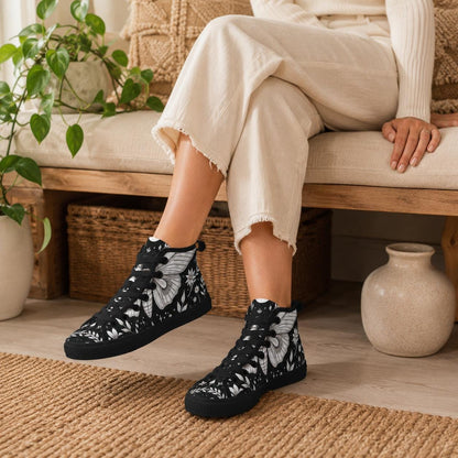 Moth Print High Top Canvas Shoes, Black Botanical Floral Lace Up Sneakers