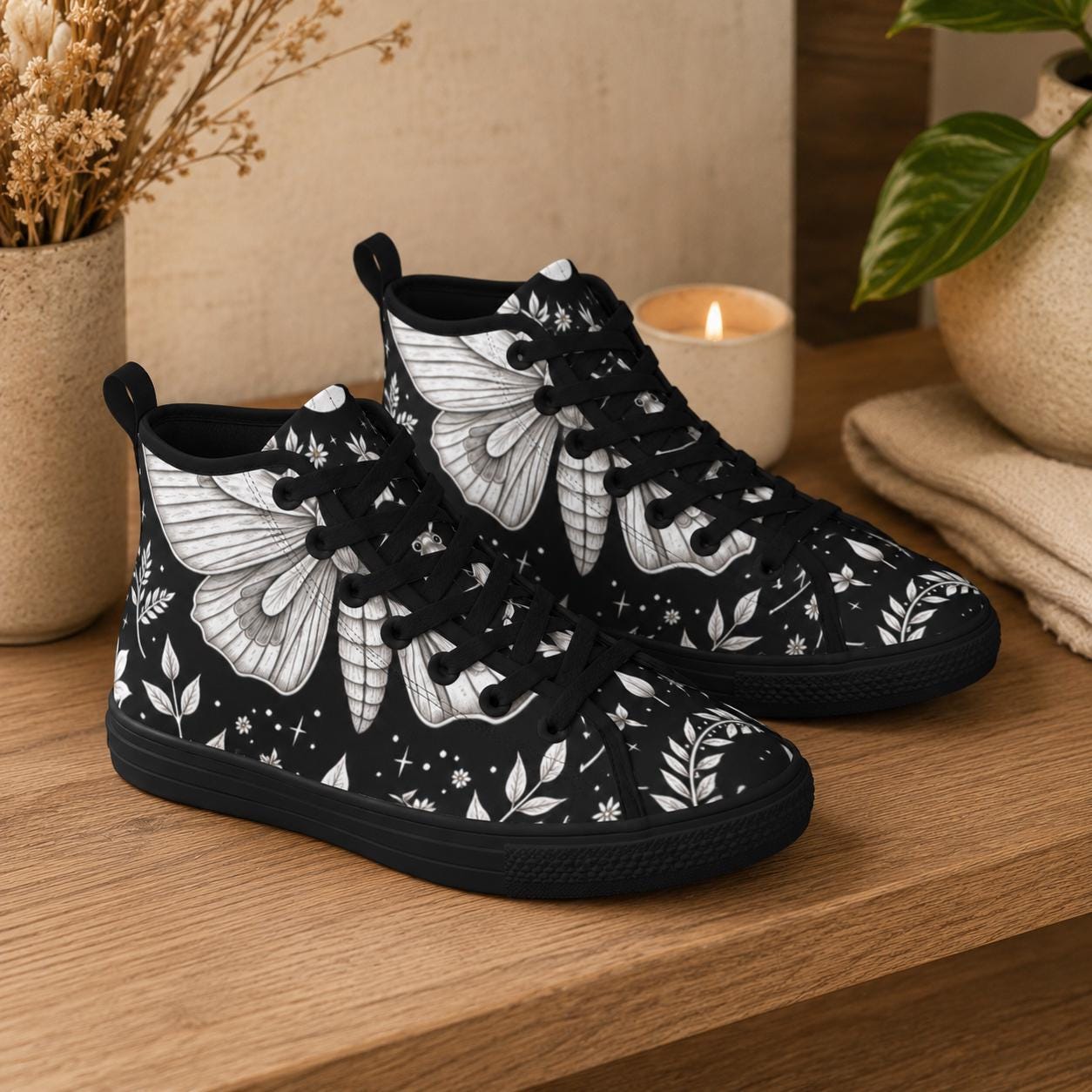 Moth Print High Top Canvas Shoes, Black Botanical Floral Lace Up Sneakers