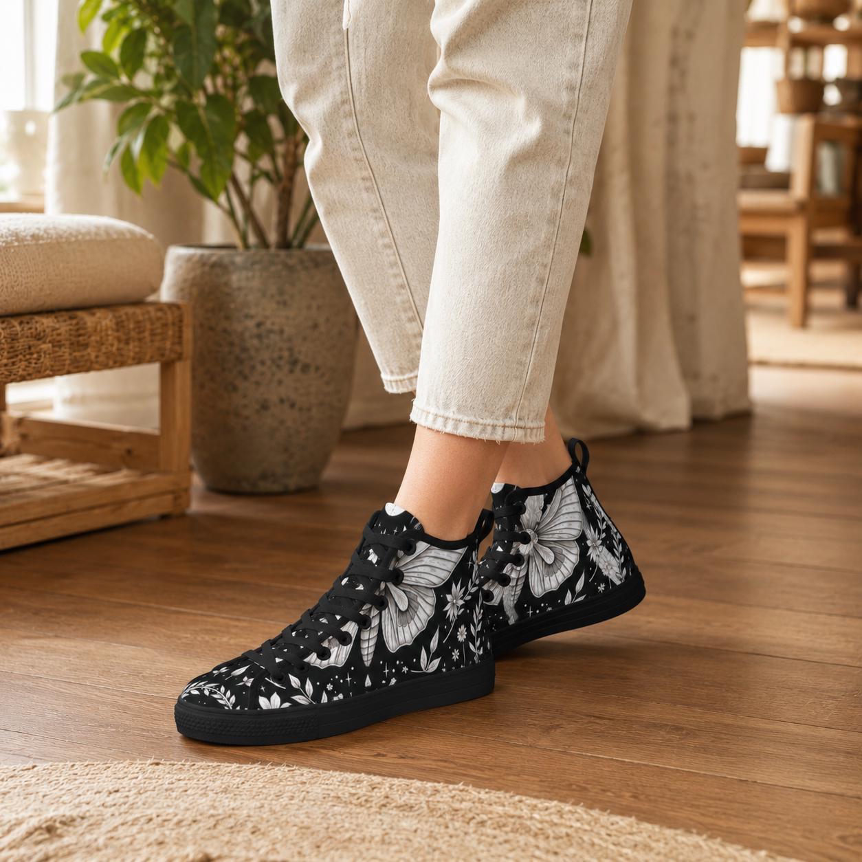 Moth Print High Top Canvas Shoes, Black Botanical Floral Lace Up Sneakers