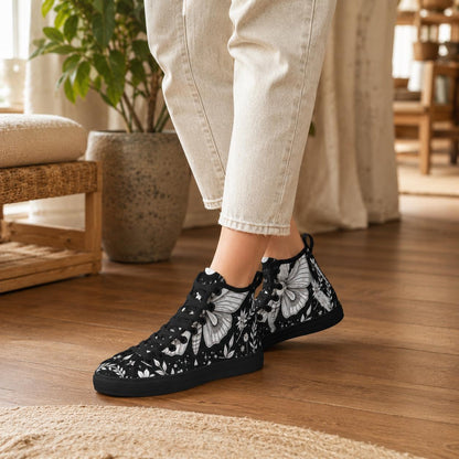 Moth Print High Top Canvas Shoes, Black Botanical Floral Lace Up Sneakers