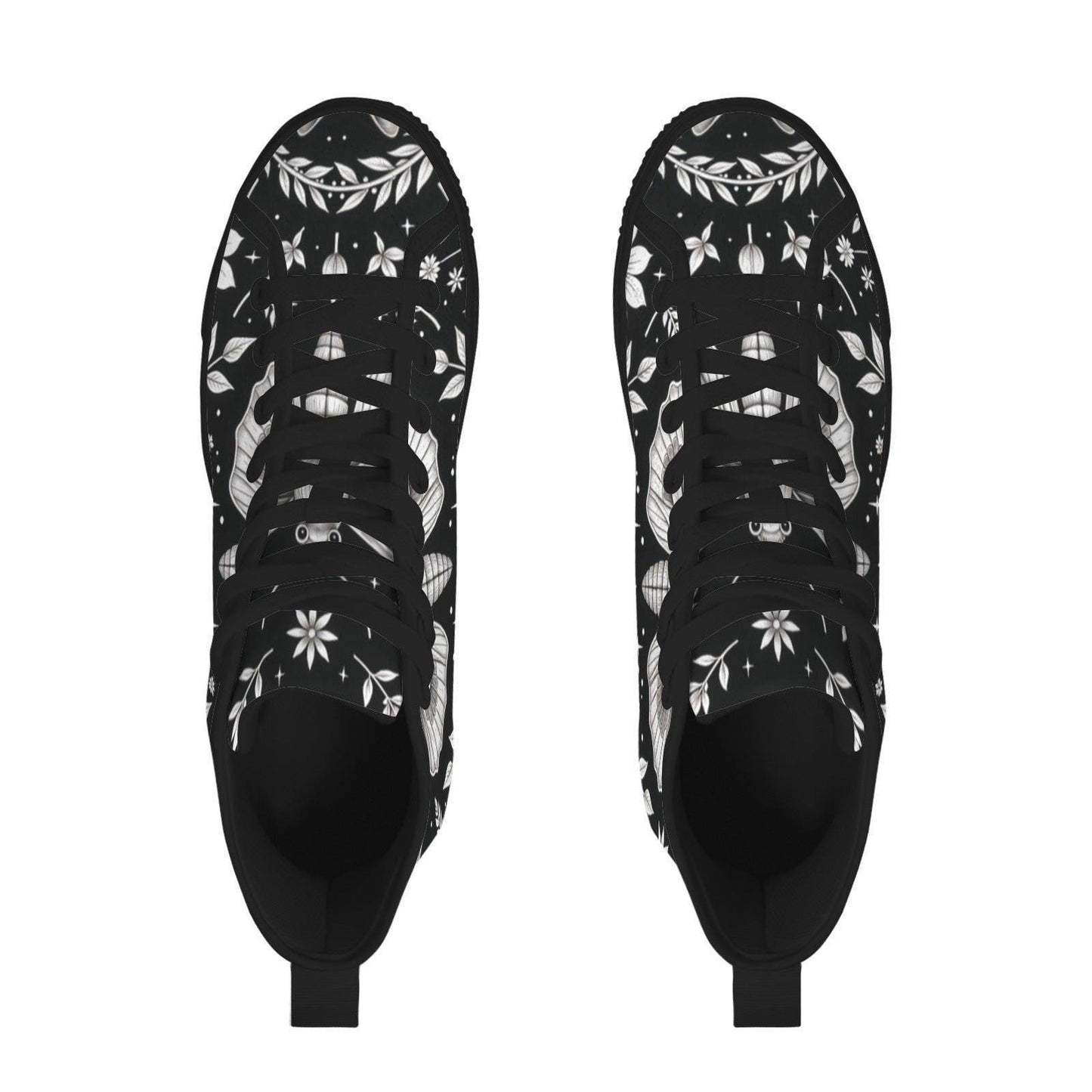 Moth Print High Top Canvas Shoes, Black Botanical Floral Lace Up Sneakers