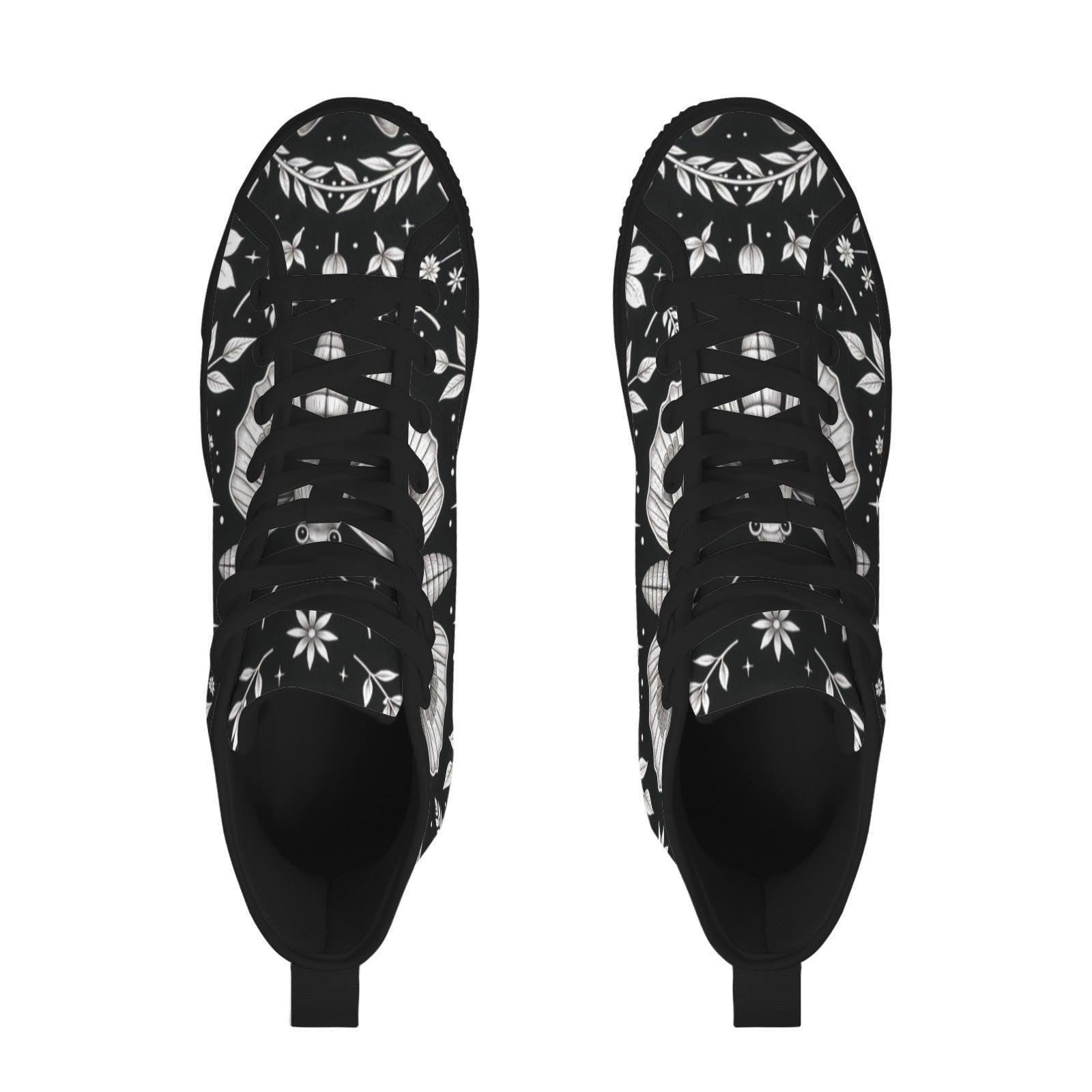 Moth Print High Top Canvas Shoes, Black Botanical Floral Lace Up Sneakers