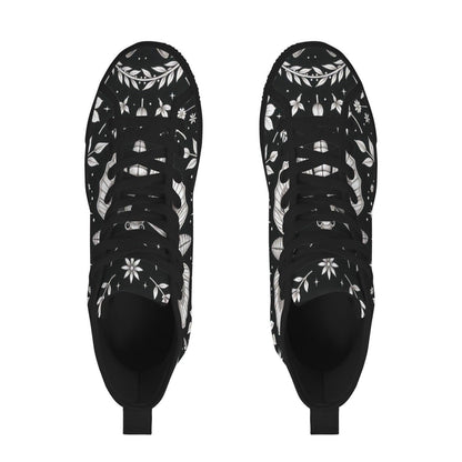 Moth Print High Top Canvas Shoes, Black Botanical Floral Lace Up Sneakers