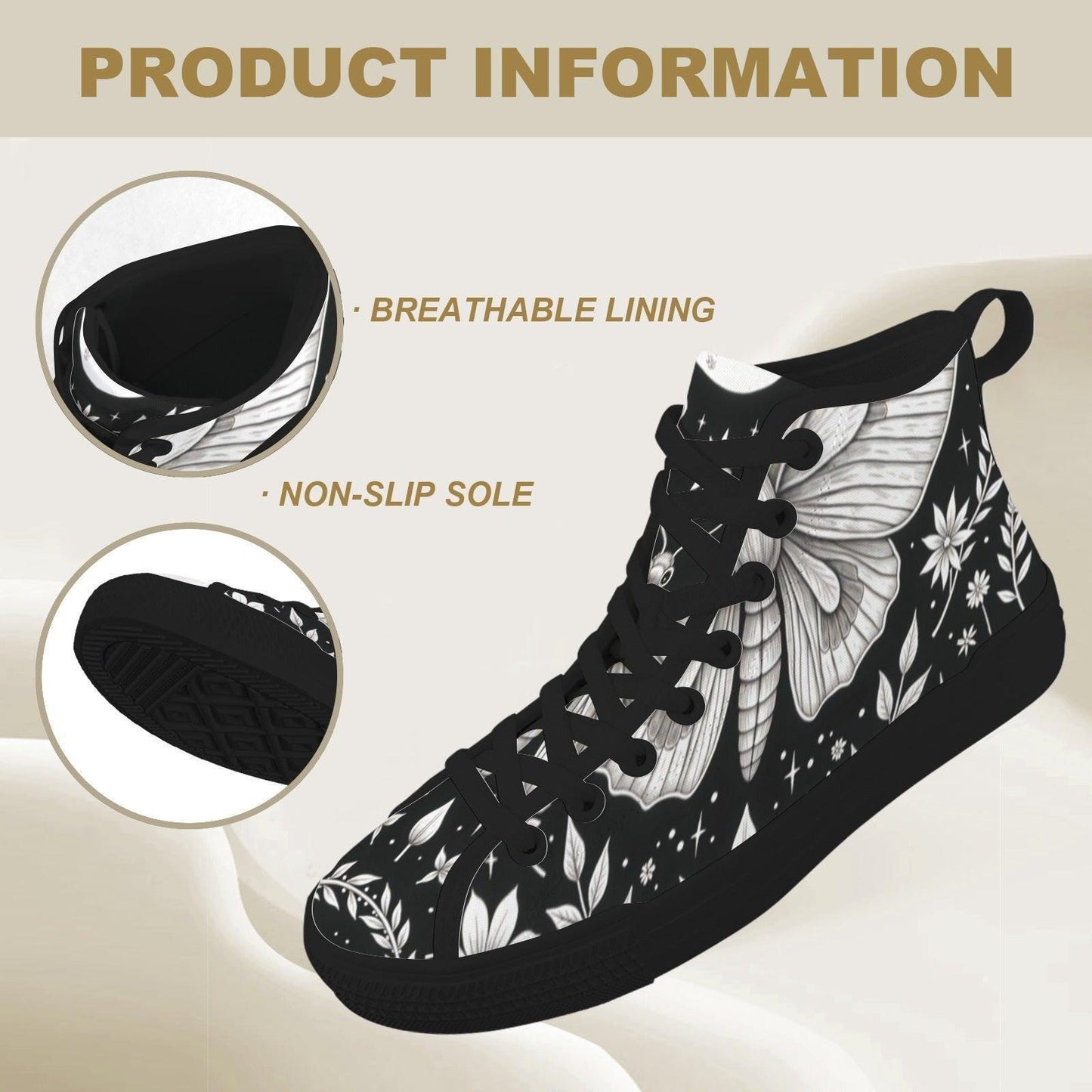 Moth Print High Top Canvas Shoes, Black Botanical Floral Lace Up Sneakers