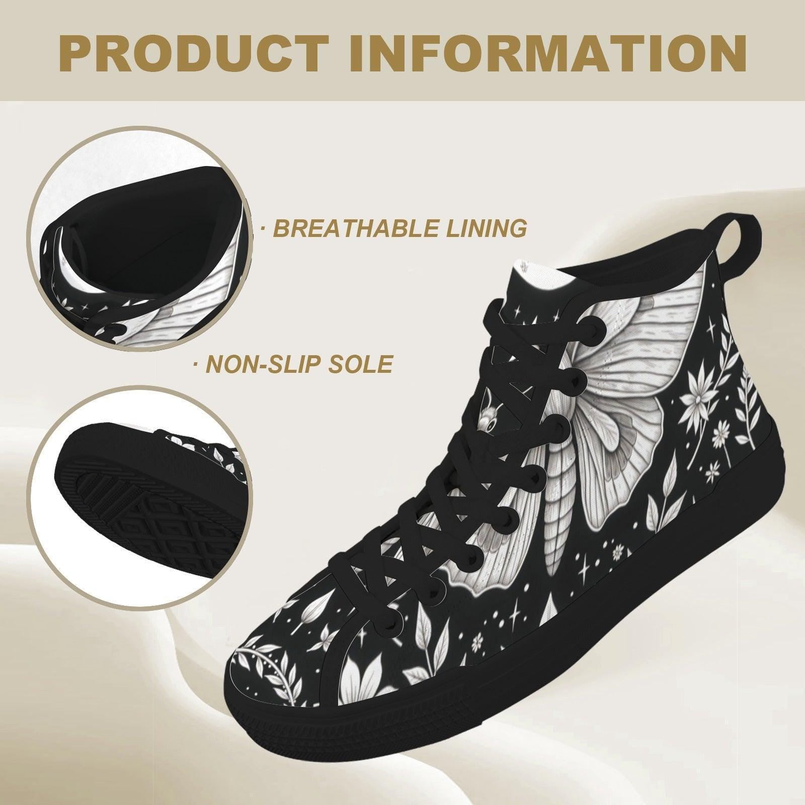 Moth Print High Top Canvas Shoes, Black Botanical Floral Lace Up Sneakers