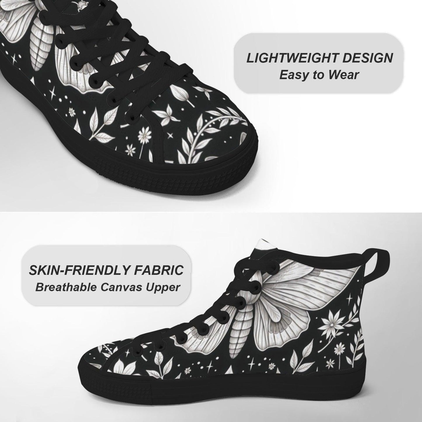 Moth Print High Top Canvas Shoes, Black Botanical Floral Lace Up Sneakers
