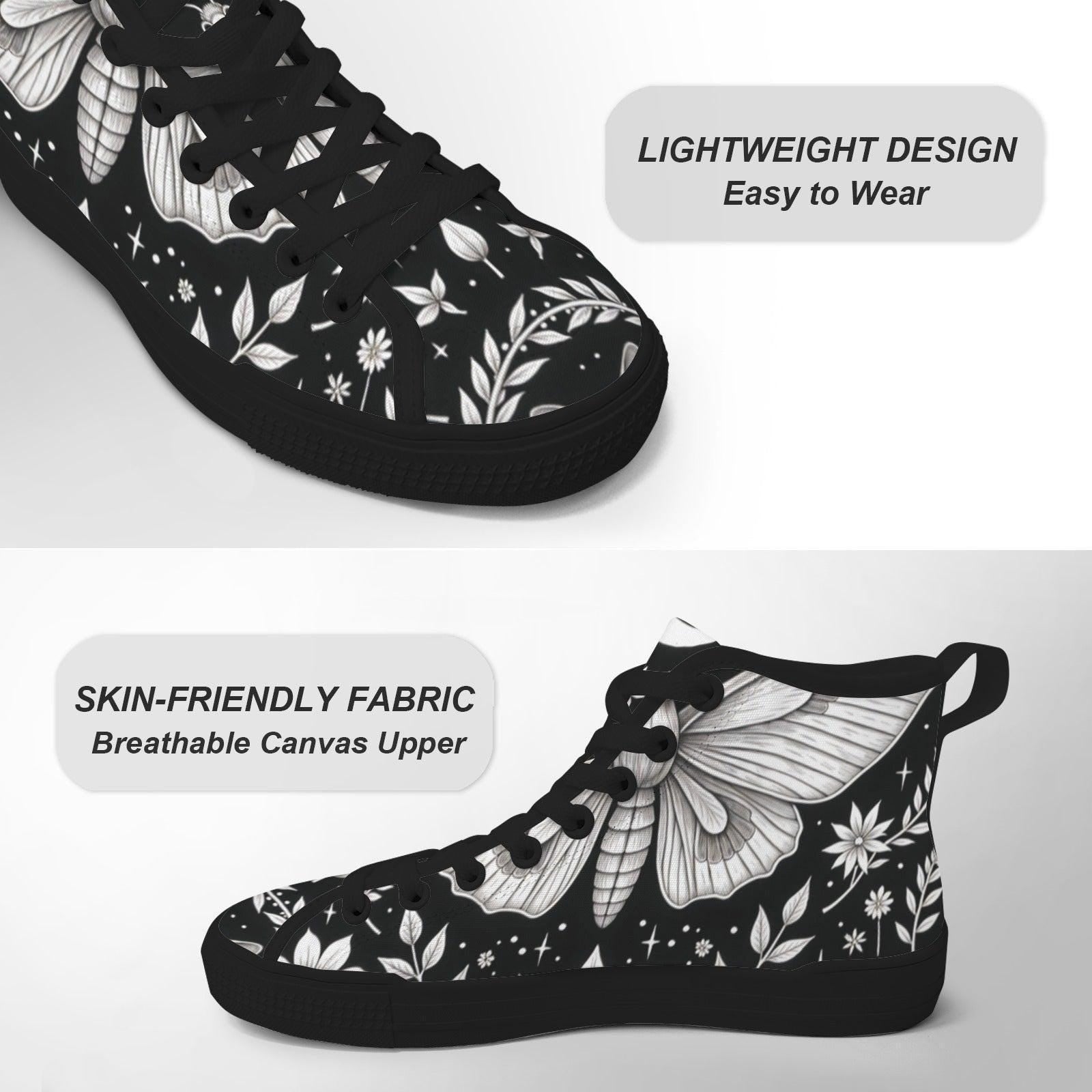 Moth Print High Top Canvas Shoes, Black Botanical Floral Lace Up Sneakers
