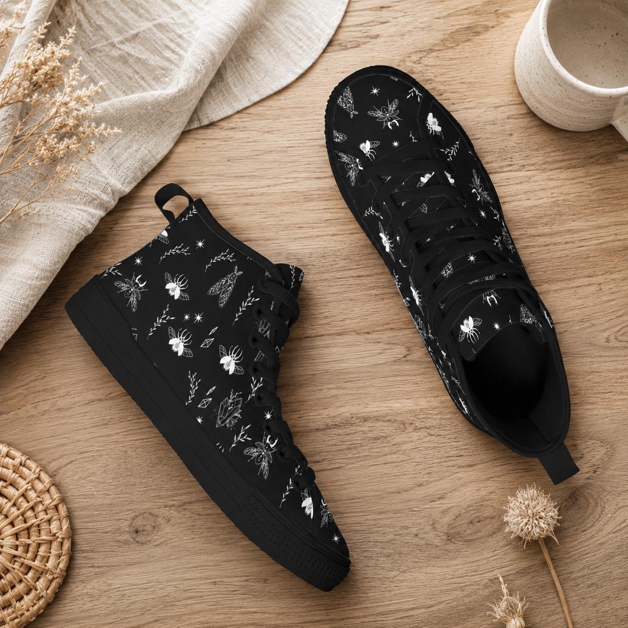Bee and Botanical Line Art High Top Sneakers in Black