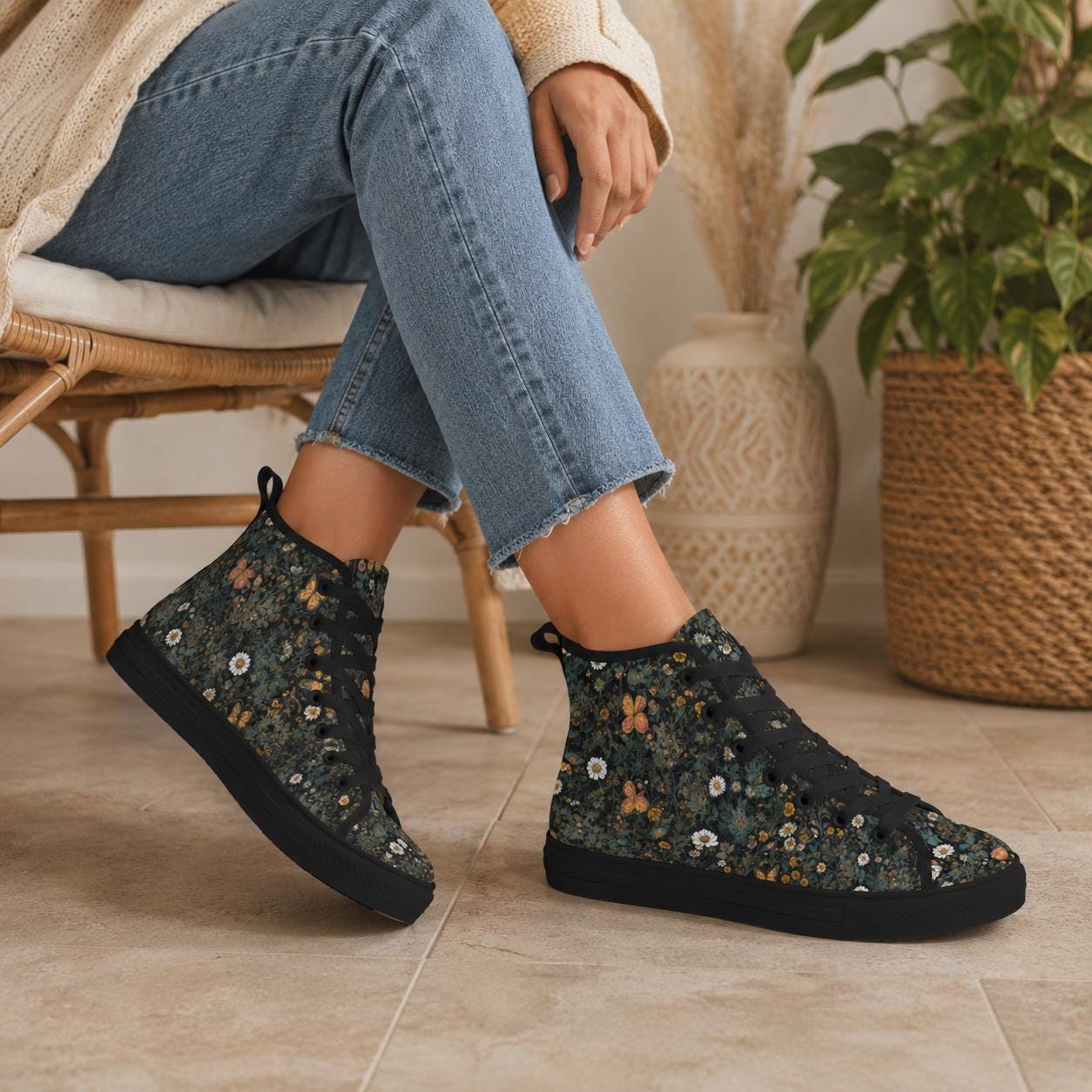 Black Wildflower Meadow High Tops, Cottagecore Botanical Butterfly Sneakers