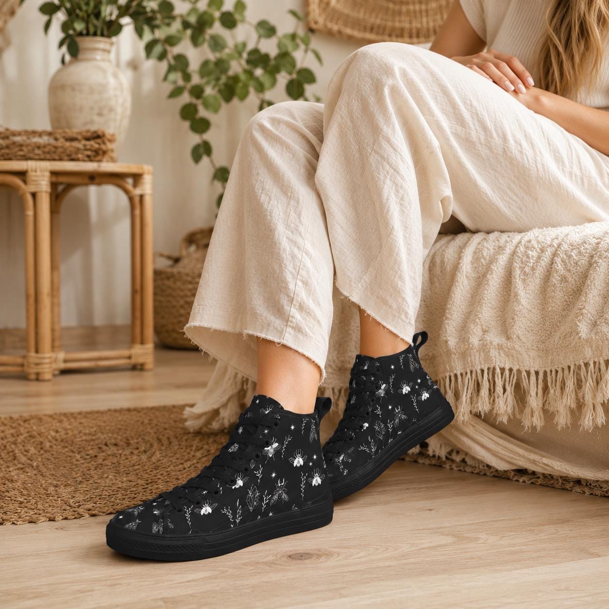Bee and Botanical Line Art High Top Sneakers in Black