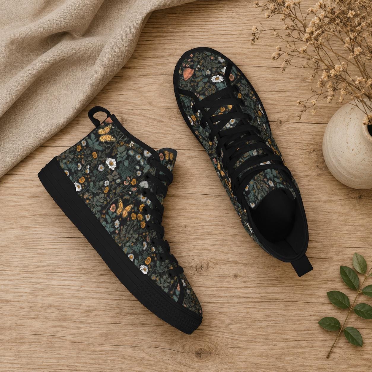 Black Wildflower Meadow High Tops, Cottagecore Botanical Butterfly Sneakers